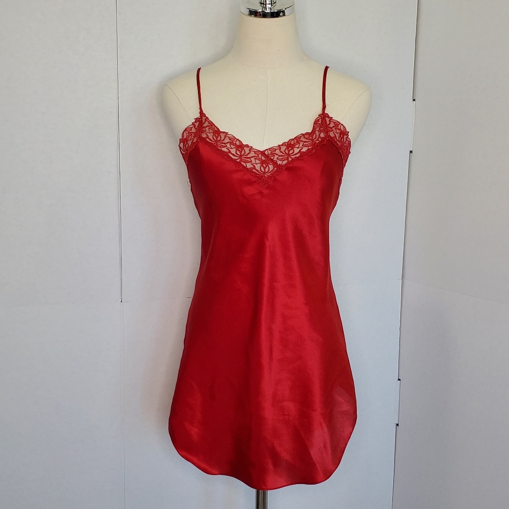 Vintage Victoria's secret 90s red silk slip with lace flower trim